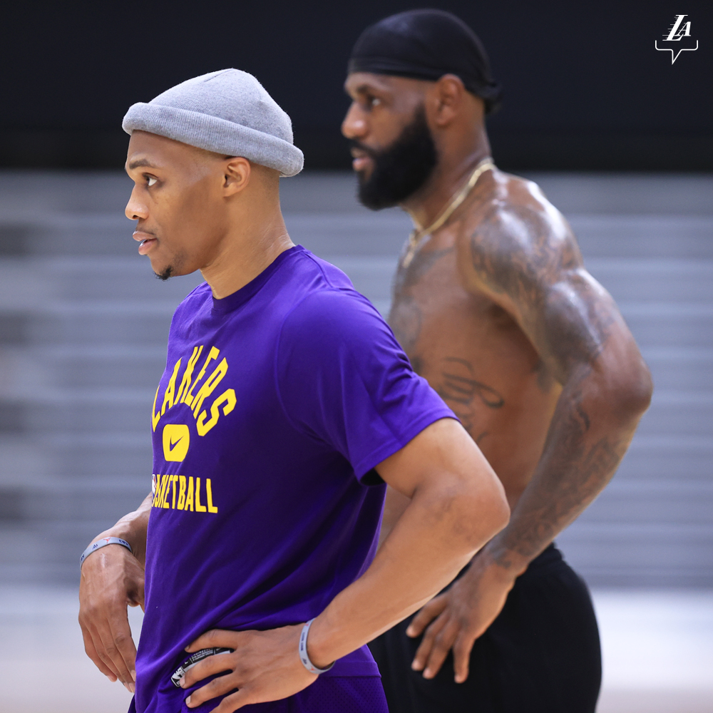 Laker's Lebron James and Russell Westbrook during practice.