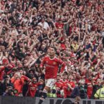Ronaldo celebrating after scoring his first goal in Man united return
