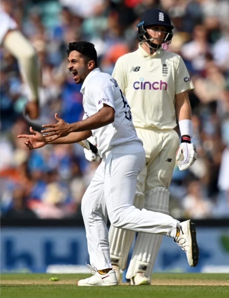 Shardul Thakur after taking Root's wicket in the second innings at Oval.