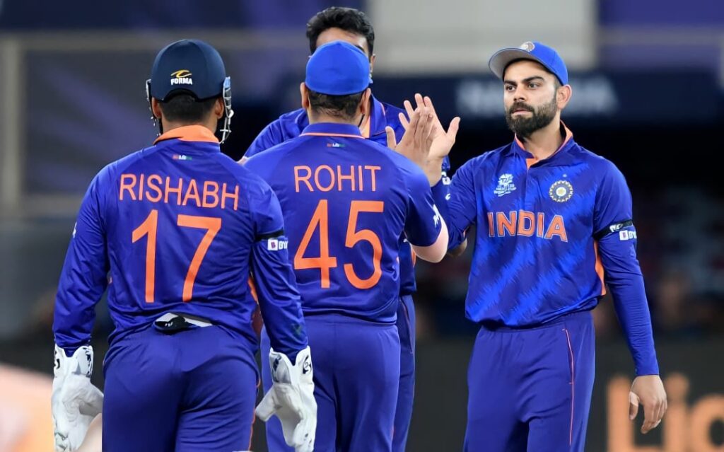 India vs Namibia, T20 World Cup 2021: India celebrates Virat Kohli, Rohit Sharma, Ravichandran Ashwin, and Rishabh Pant.