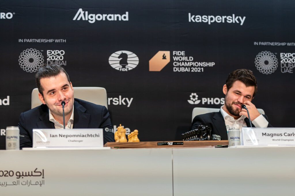 FIDE World Chess Championship 2021, G3: Ian Nepomniachtchi and Magnus Carlsen.