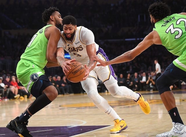 NBA, Lakers vs Wolves: Anthony Davis and Karl-Anthony Town.