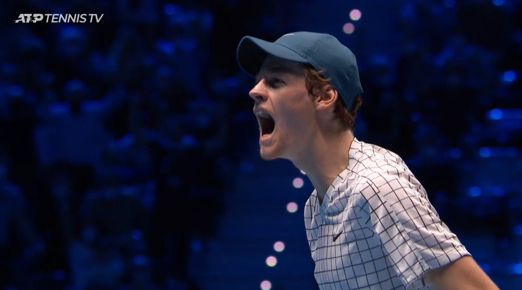 Jannik Sinner charged up after winning the second set against Daniil Medvedev in the ATP Finals 2021.