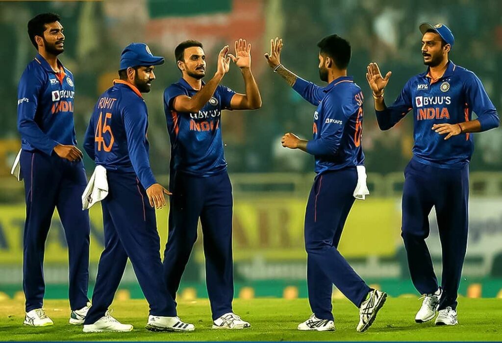 IND vs NZ 2021, 2nd T20, Ranchi: Harshal, Rohit, Venkatesh, Suryakumar, and Axar celebrates a wicket.