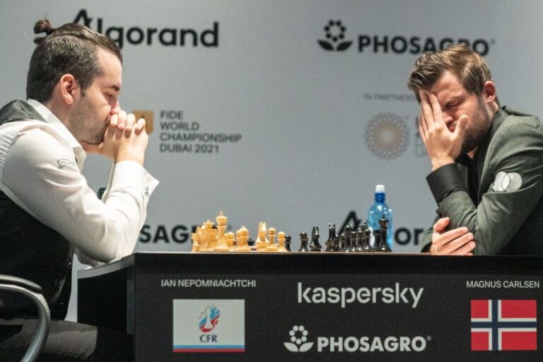World Chess Championship 2021: Magnus Carlsen and Ian Nepomniachtchi playing Game 1.