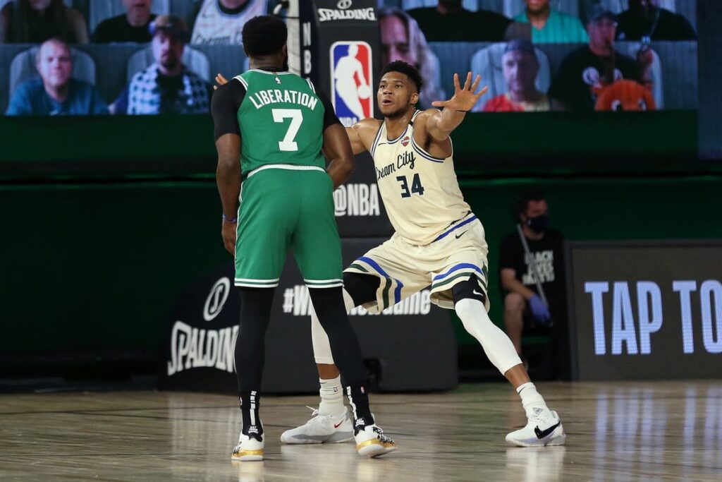 NBA, Celtics vs Bucks: Jaylen Brown and Giannis Antetokounmpo.