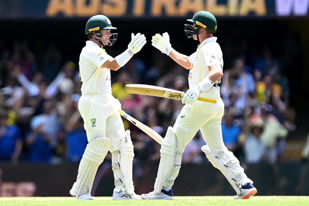 Ashes 2021, The Gabba: Alex Carey and Marnus Labuschagne celebrates Australia's winning moment.