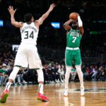 NBA, Bucks vs Celtics: Jaylen Brown and Giannis Antetokounmpo.