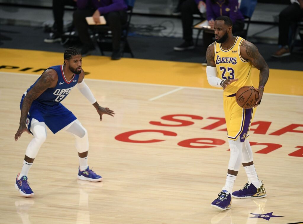 NBA, Lakers vs Clippers, 4/2/21: Lebron James and Paul George. (Injured)