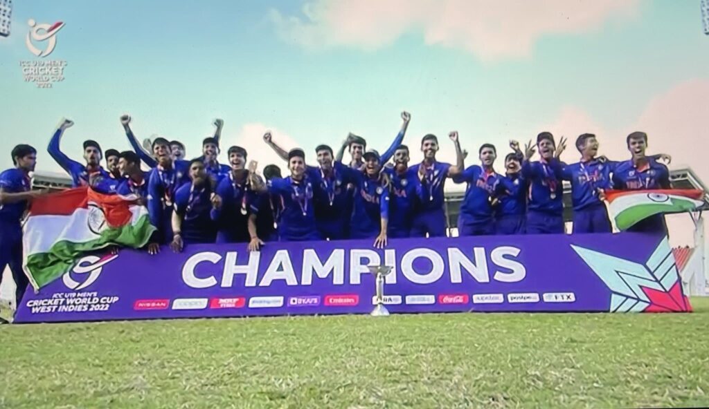 India celebrating their u19 World Cup 2022 finals victory.
